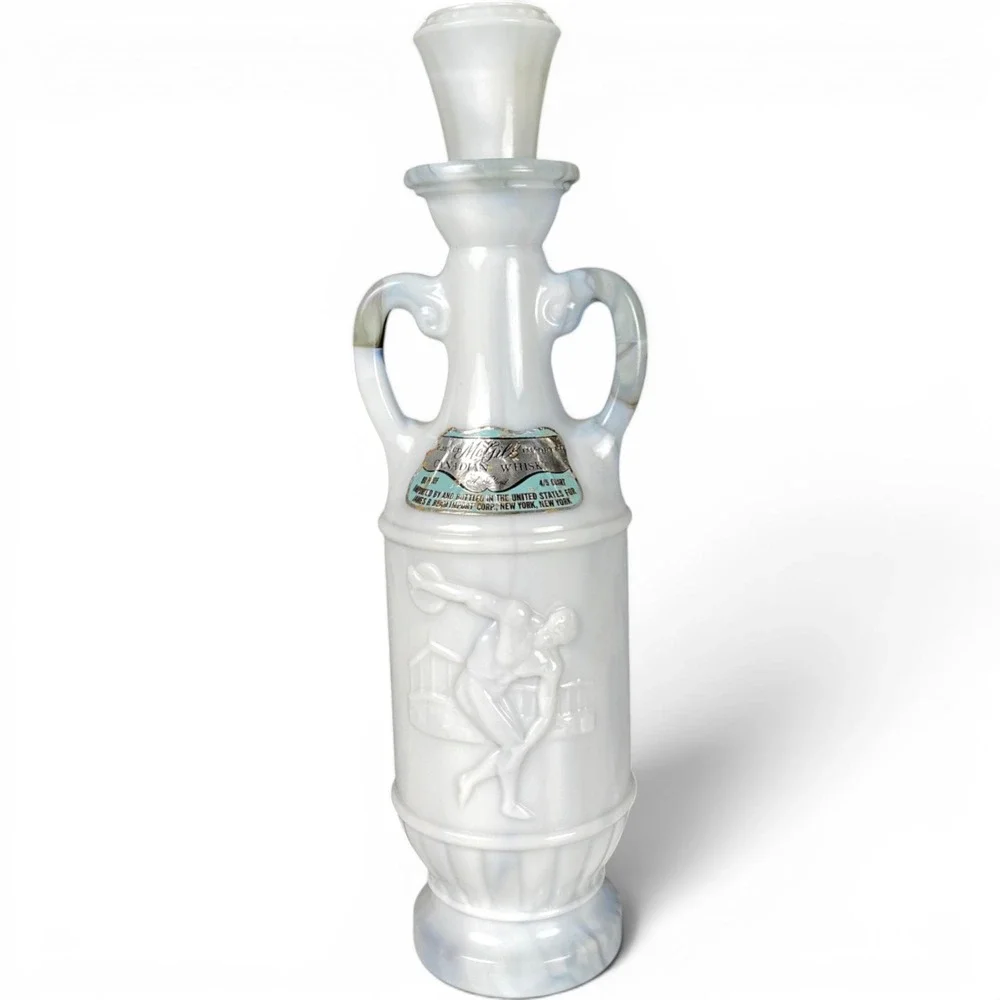 Vintage Lord Calvert Canadian Whisky Slag Glass Decanter Discus Thrower White